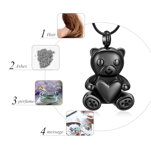 Cremation Jewelry - Teddy Bear Urn Necklace for Men Women with Mini Keepsake Urn Memorial Ash Jewelry - color: Black