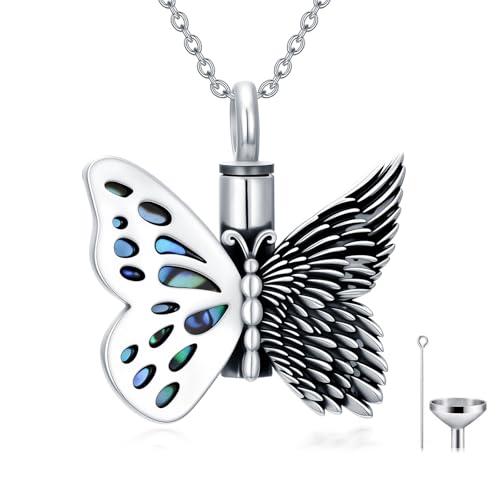 Flower Butterfly Urn Necklace for Ashes 925 Sterling Silver Urn Necklace Keepsake Cremation Jewelry Memorial Gifts for Women Loss Loved One - color: 03-Butterfly Angel Wings