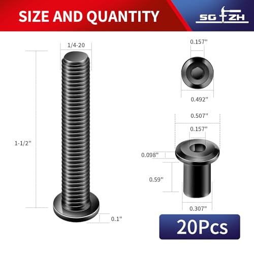 1/4-20 x 1-1/2" 20Pcs Flat Head Hex Socket Cap Screws Bolts Barrel Nuts Kit, 304 Stainless Steel 18-8, Full Thread, Black Oxide by SG TZH (with Hex Spanner) - color: Black, size: 1/4-20 x 1-1/2"