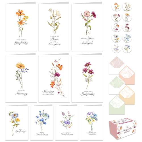 Decorably 50 Pack Floral 4x6 Bulk Sympathy Cards with Envelopes & Stickers | 10 Folded Floral Designs, 50 Envelopes & 54 Seals, Printed Message Inside - Condolence, Bereavement & Sorry for Your Loss