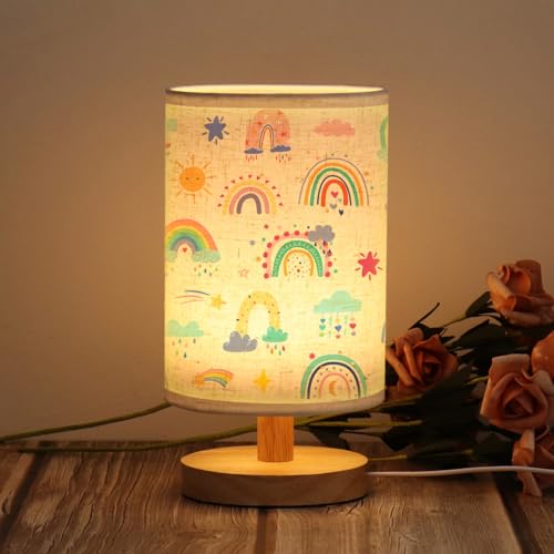 WSYEAR Rainbow Kids Table Lamp for Bedroom Kids Bedside Lamp with Linen Wooden Nightstand Cartoon Nursery Lampshade for Girls Boys Living Room - color: Rainbow