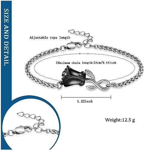 Rose Flower Ashes Bracelet for Women Cremation Memorial Jewelry - color: Black