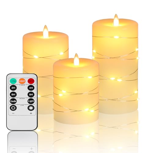 Flameless Candles With Remote, Battery Operated Candles LED Candles with string lights Flickering Candles with Timer, 4‘’ 5‘’ 6‘’ Candle For Seasonal and Festival Celebration’s Candles set of 3 - size: Ivory white - 3 Pack