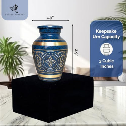 Small Urns for Human Ashes – Brass Hand-Engraved Funeral Keepsake with Elegant Blue Finish – Mini Cremation Memorial for Mom, Dad & Loved Ones - color: Blue