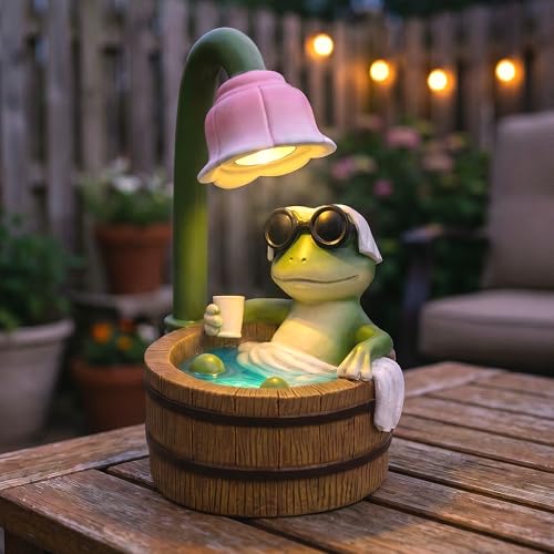 MXwcy Solar Frog Garden Statue with Lights, 6.3" Resin Frog Figurine Solar Garden Decor Outdoor Waterproof Lawn Ornament for Patio Yard, Cute Frog Gifts for Women Mom Grandma - color: Frog Bath