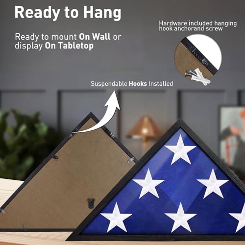 ASmileIndeep Flag Display Case - 5' x 9.5' Funeral & Military Flag Shadow Box with HD Tempered Glass and Wall Mount, Folded Triangle Flag Holder Frame for Veterans, Black - size: For 5' x 9.5' Flag-Black