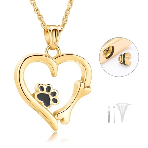 Pet Cremation Jewelry for Ashes Paw Print Pet Heart Urn Necklace Memorial Keepsake Jewelry for Pet/Dog's/Cat's Ashes Pendant - color: Gold