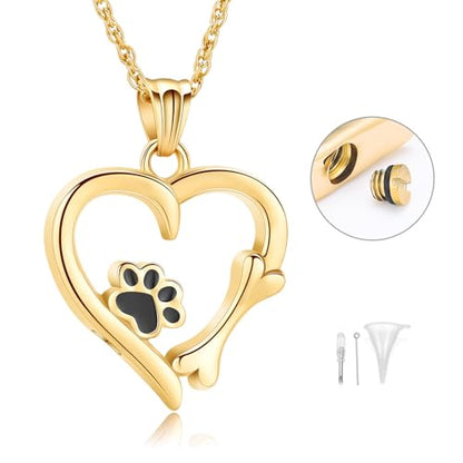 Pet Cremation Jewelry for Ashes Paw Print Pet Heart Urn Necklace Memorial Keepsake Jewelry for Pet/Dog's/Cat's Ashes Pendant - color: Gold