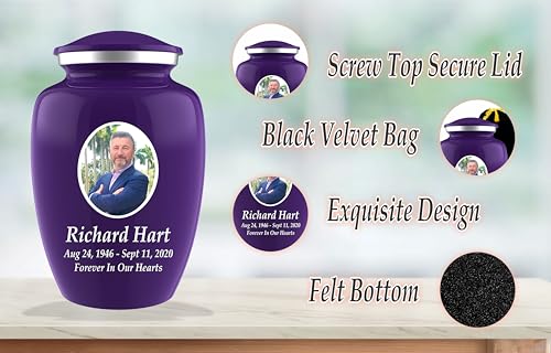 Personalized Photo Cremation Urns for Human Ashes Adult Male Female - 200lbs Custom Photo Burial Urns for Human Ashes - Engraved Handcrafted Funeral Decorative Urns for Adult with Velvet Bag, Purple