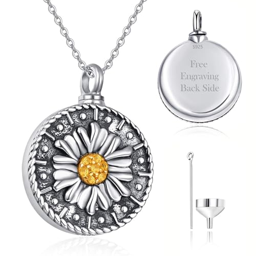 KINGWHYTE Urn Necklace for Ashes S925 Sterling Silver Cremation Jewelry for Ashes of Loved Ones Keepsake Memorial Pendant for Women - style: Sunflower(Personalized)