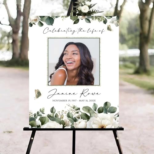 White Roses & Greenery Funeral Welcome Sign, Celebration of Life Welcome Sign, in Loving Memory Sign, Celebration of Life Funeral Sign, Celebration of Life Sign, Memorial Sign with Photo #fR124 - color: Version #22