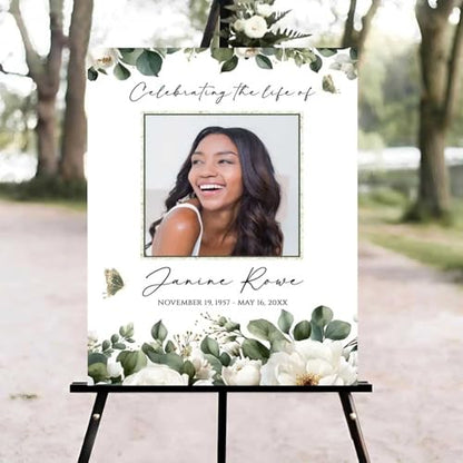 White Roses & Greenery Funeral Welcome Sign, Celebration of Life Welcome Sign, in Loving Memory Sign, Celebration of Life Funeral Sign, Celebration of Life Sign, Memorial Sign with Photo #fR124 - color: Version #22