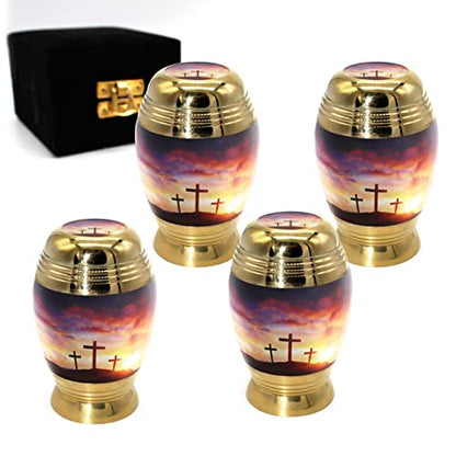 Sunset Cross Keepsake Urns for Human Ashes with Velvet Gift Box for Cremation Keepsakes for Ashes - Small Cremation Urn and Small Keepsake Urn Set of 4 - color: Three Crosses Sunset