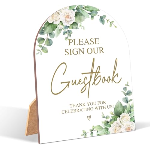 White Rose Please Sign Our Guestbook Sign, Wedding Ceremony Signs, 6 x 8 Inch Arch Wooden Tabletop Sign with Stand, Wedding Reception Decoration Supplies (BJ02) - color: Please Sign Our Guestbook