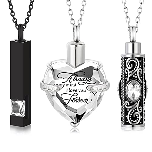 MTLEE 3 Pieces Cremation Urn Necklace for Ashes Vertical Bar Zircon, Heart Crystal Necklace Urn Stainless Steel Waterproof Memorial Pendant - color: White Zircon