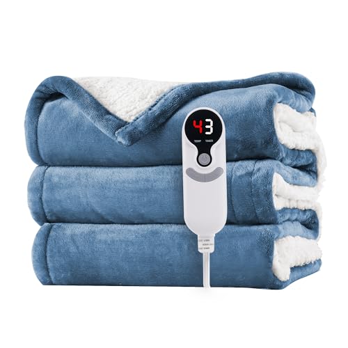 Electric Heated Blanket,Flannel and Sherpa,Throw 50x60 in,Slate Blue,Gift - color: C-slate Blue, size: 50x60inches-Throw