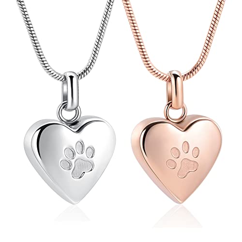 zeqingjw Pet Cremation Jewelry for Ashes Pendant Paw Print Pet Heart Urn Necklace Memorial Keepsake Jewelry for Pet/Dog's/Cat's Ashes - color: 2PCS Silver+Rose Gold
