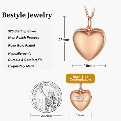 Bestyle Sterling Silver Heart Locket Necklace for Women, Dainty Cute Small Heart Locket Pendant in Gold/Rose Gold/Silver, Love Statement Jewelry Gift for Mother Wife - color: A0. Plain Bold Heart-Rose Gold-Locket Only, NO Custom