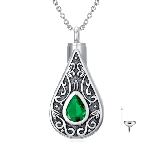 Teardrop Urn Necklace for Ashes Filigree Birthstone Keepsake Pendant Cremation Jewelry for Ashes Memorial Jewelry Gifts for Loss of a Loved One for Women - style: May-Emerald