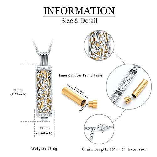 shajwo Cylinder Cremation Jewelry Tree of Life Urn Ashes Necklace for Women Men Vial Cremation Ash Pendant Loved One Memorial Jewelry - color: Gold