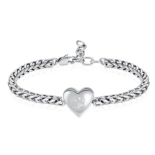 zeqingjw Pet Cremation Urn Bracelet for Ashes for Women Dog Cat Paw Urn Bangle Heart Cremation Jewelry Keepsake Memorial Urn Jewelry - color: Silver