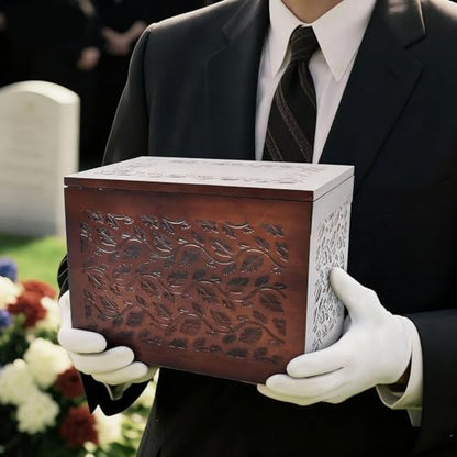 Cremation Urn Adult Human Ashes, Wooden Tree of Life, Brown | Holds up to 250 lbs, Urns Box and Casket for Men Women, Dimensions: 9.45"(L) x 5.9"(W) x 7.1"(H) - color: Vin