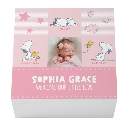 Let's Make Memories Personalized Keepsake Box - Memory Storage - Newborn New Baby Gift - Shower Present - PEANUTS - Snoopy and Woodstock - Add Photo, Name, and Text - Snoopy Baby Love - Pink - color: Snoopy Baby Love - Pink