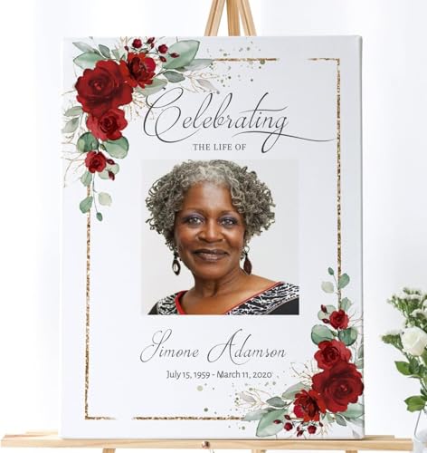 Funeral Welcome Sign, Personalized Celebration of Life Poster with Photo, Red and Gold Memorial Sign for Dad Mom Men Women, Funeral Entrance Décor, Remembrance Ceremony Display Board