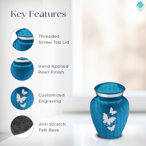 Keepsake Embrace Custom Engraved Butterflies Cremation Urn (Pearl Racing Blue) - color: Pearl Racing Blue
