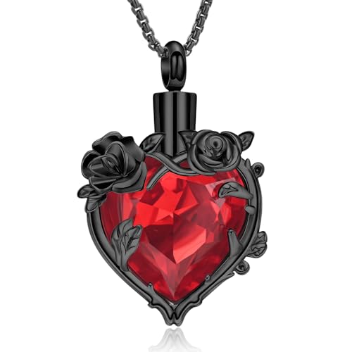 Rose Flower Cremation Urn Necklace for Ashes Heart Crystal Memorial Jewelry for Women Urn Keepsake Pendant Human Pet Memorial Locket Holder - color: A-Black (Red Stone)