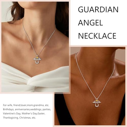 925 Sterling Silver Guardian Angel Pendant Necklace for Women with Birthstone Cubic Zirconia Little Angel Pendant Necklace Jewelry 18 inch Chain - color: 11-Nov-Citrine