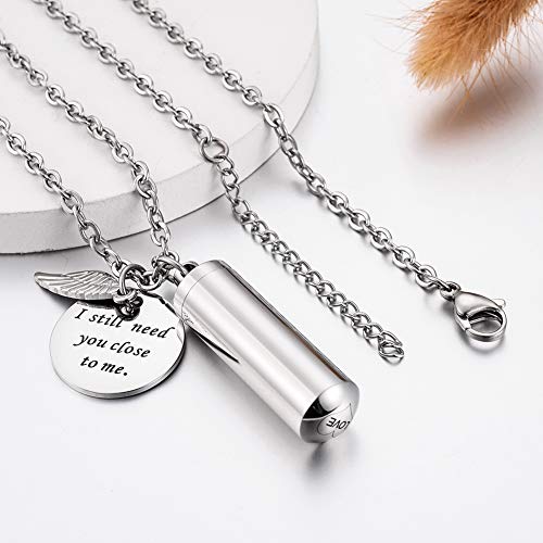 abooxiu Cylinder Urn Necklace for Ashes Cremation Jewelry/Keychain for human Pet Stainless Steel Memorial Keepsake Pendant with Angel Wing Charm Ashes - color: Silver-M