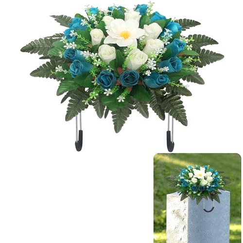 Headstone Flower Saddle Artificial Cemetery Flowers for Grave Cemetery Flowers Saddle for Outdoor Grave Decorations(Deep Blue) - color: Deep Blue