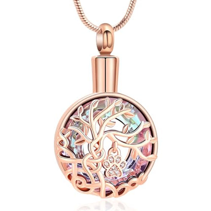 zeqingjw Pet Cremation Jewelry Tree of Life Urn Necklace for Ashes for Dog/Cat Funeral Ashes Keepsake Paw Print Urn Pendant Memorial Jewellery - color: Rose Gold-Purple