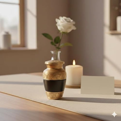 Gray Comet Small Keepsake Cremation Urns for Human Ashes with Velvet Heart Case and Funnel - Beautiful Peaceful Gold & Black Hand Engraved Mini Memorial Urn