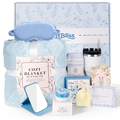 Spa Gift Baskets For Women, Self Care Gift Basket, Comfort Baskets For Mother, Get Better Soon Care Package , Birthday Gifts For Girls, Hug In A Box Sympathy, Stress Relief Gifts For Men - color: Blue