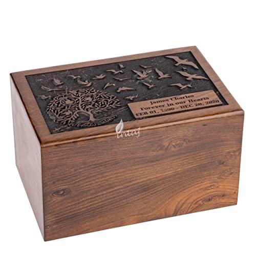 Personalized Urn for Human Ashes, Engraved Tree and Birds, Small | Hand-carved solid sheesham rosewood, screw-locked sliding base, engraving available, holds up to 40 lb - color: Engraved Tree With Birds, size: Small (40 lb)
