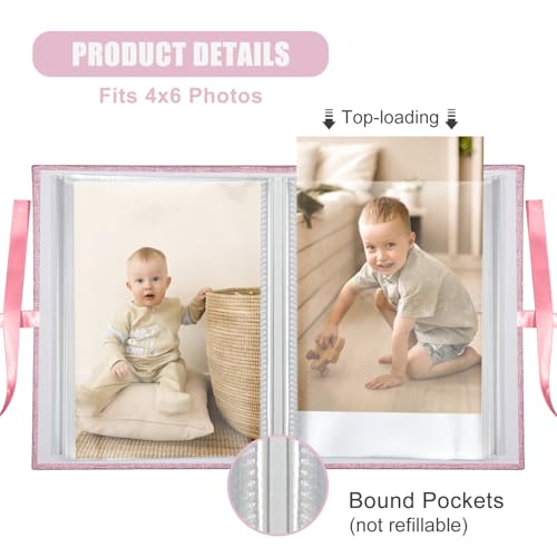 Photo Album 4x6 100 Pockets, Slip-in Picture Albums, Linen Cover Top Loader Vertical Pockets Albums for Baby, Kids Boy Girls, Wedding, Family, Anniversary, Pink - color: Pink, size: 100 Pockets white Bandage