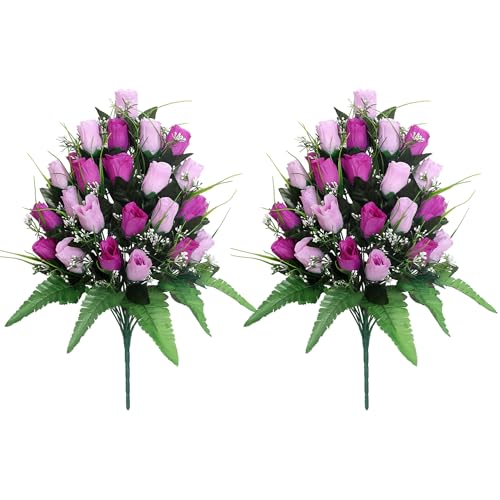 Artificial Cemetery Flowers - 2 Pack Silk Floral Displays for Headstone Decor, Weatherproof Memorial Rose Bouquets for Outdoor Gravesite Decor (Purple) - color: Purple