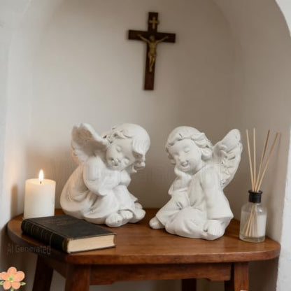 yiyuehang&BL Mini Angel 2-Piece Resin Statues Indoor Outdoor Garden Patio | 2Pcs weatherproof white resin praying angels, tiered tray decor, thoughtful religious sympathy memorial gift indoor outdoor.