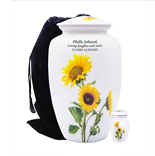 Sunflower Cremation Urn, Large Human Ash Urn with Matching Keepsake, Velvet Bag and Custom Engraving - size: Large