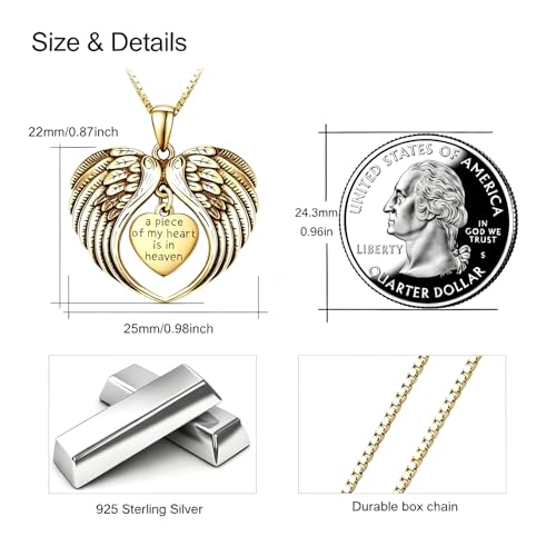 TUGHRA Memorial Necklace for Women Men, Angel Wings Heart Pendant 925 Sterling Silver A Piece of My Heart Is In Heaven Charm Necklace Sympathy Gift - style: 01-Angel Gold