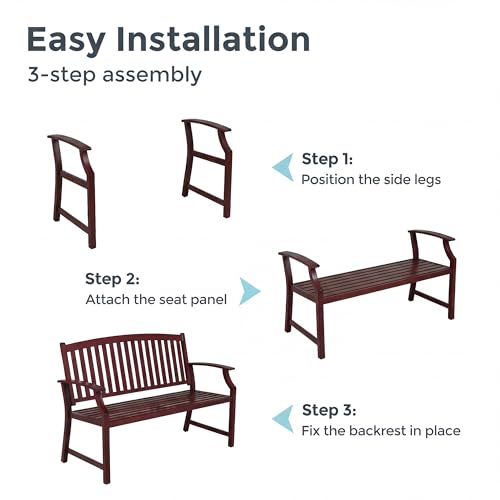 Grand patio 52" Farmhouse Outdoor Bench with Armrest, Red | Anti-rust Aluminum Frame, Faux Wood Grain Finish, for Front Porch, Yard, Park, Garden - color: Wine Red