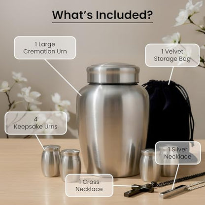 Stainless Steel Silver Urn for Ashes Adult Male & Female, Cremation urns for Human Ashes Man & Women, Set of 7 Includes 1 Large Urn, 4 Keepsakes & 1 Silver & Black Cross Necklace - color: Stainless Steel Urn - Strandard Set