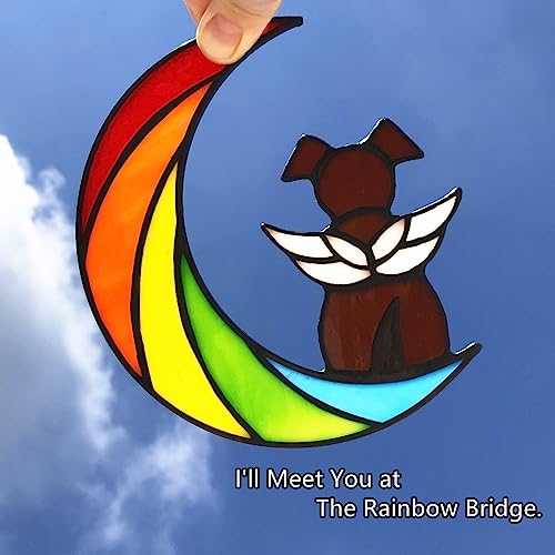 Stained Glass Rainbow Bridge Brown Dog Memorial Gifts for Loss of Dog Sympathy Remembrance Suncatcher, Thoughtful Pet Loss Bereavement Gifts in Memory of Pet Passing Away Window Hanging. - color: Rainbow - R