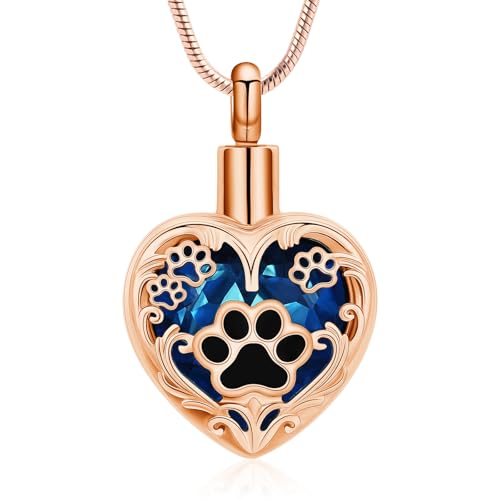 Heart Urn Necklace For Ashes Birthstone Pet Memorial Jewelry Dog Paw Print Cremation Pendant Stainless Steel Keepsake Gift For Pet Lovers - color: Rosegold blue