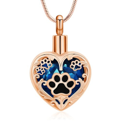 Heart Urn Necklace For Ashes Birthstone Pet Memorial Jewelry Dog Paw Print Cremation Pendant Stainless Steel Keepsake Gift For Pet Lovers - color: Rosegold blue