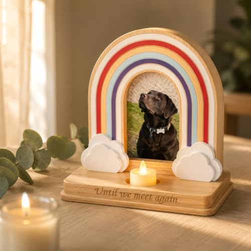 Rainbow Bridge Dog Memorial Gifts | Premium Solid Wood Pet Memorial Picture Frame for 4x6 Photo, LED Candle, Sympathy Card, Gift Box | Pet Loss Sympathy Gift Set for Dogs & Cats, In Memory of Dog