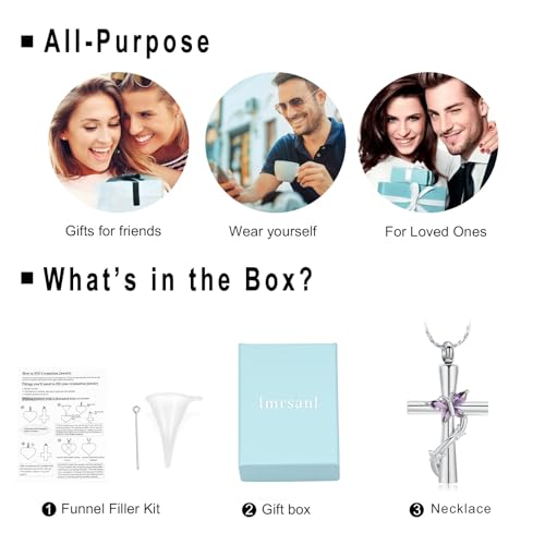 Imrsanl Cross with Butterfly Urn Necklaces for Ashes for Women - color: Silver Purple