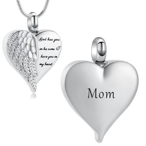 Angel Wing Heart Urn Necklace for Ashes Cremation Jewelry for Women Men Stainless Steel Memorial Necklaces Ash Holder for Human Keepsake Jewelry for Loved Ones with Fill Tool - color: Silver-Mom